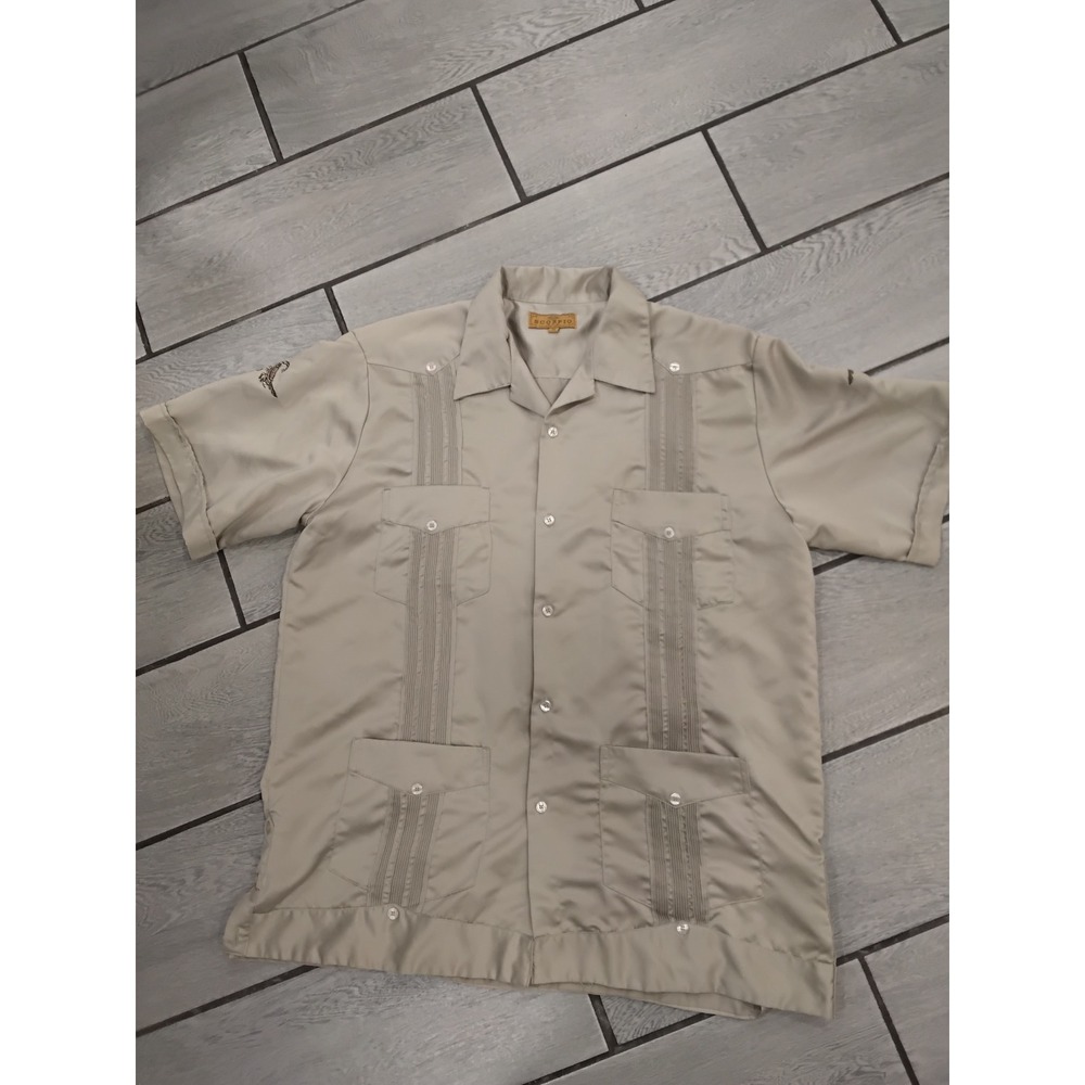 SCORPIO Men's Short Sleeve Button Down Shirt Beige Scorpion Embroidery‎ Size XL